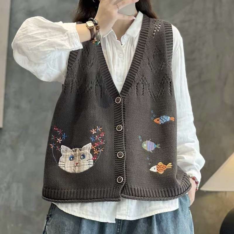 Women's Knitted Vest with Kitten and Fish Embroidery Loose Cardigan Top