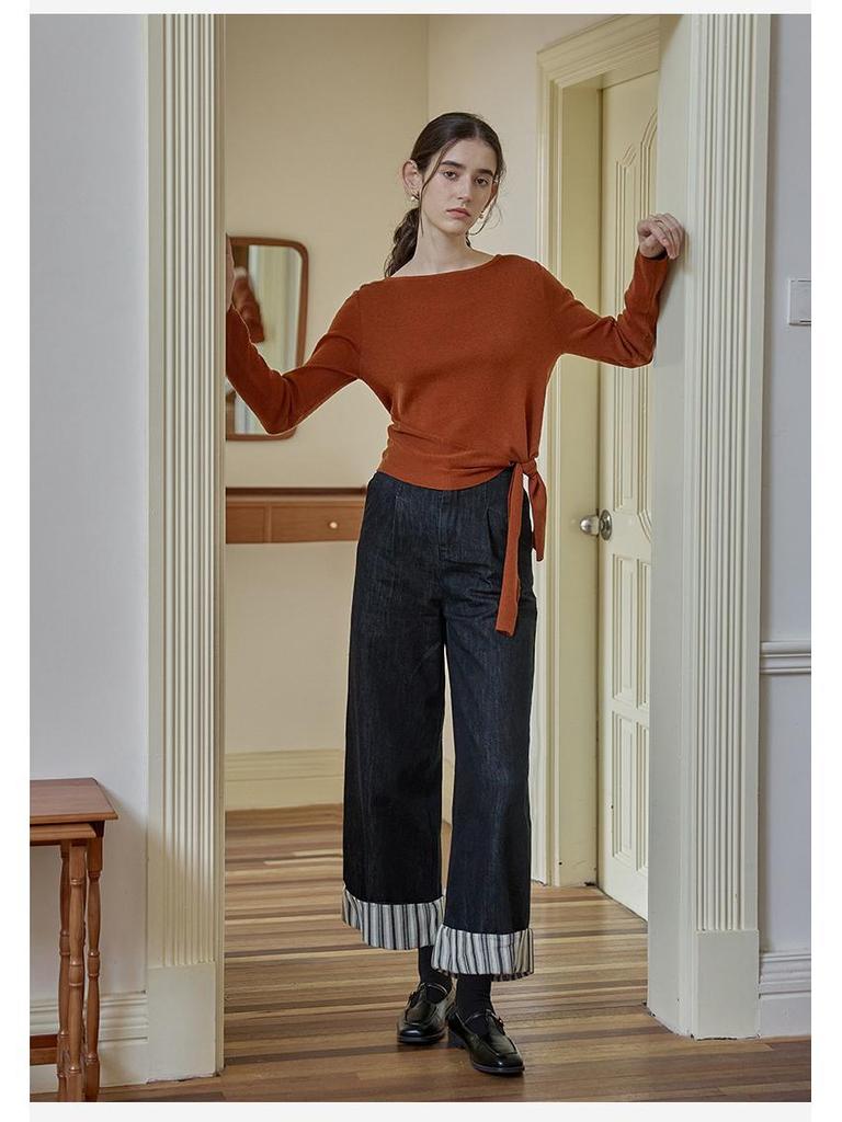 Women's Striped Patchwork Retro Wide-Leg Jeans: Slimming, Elastic Waist, Straight-Leg Pants for Spring