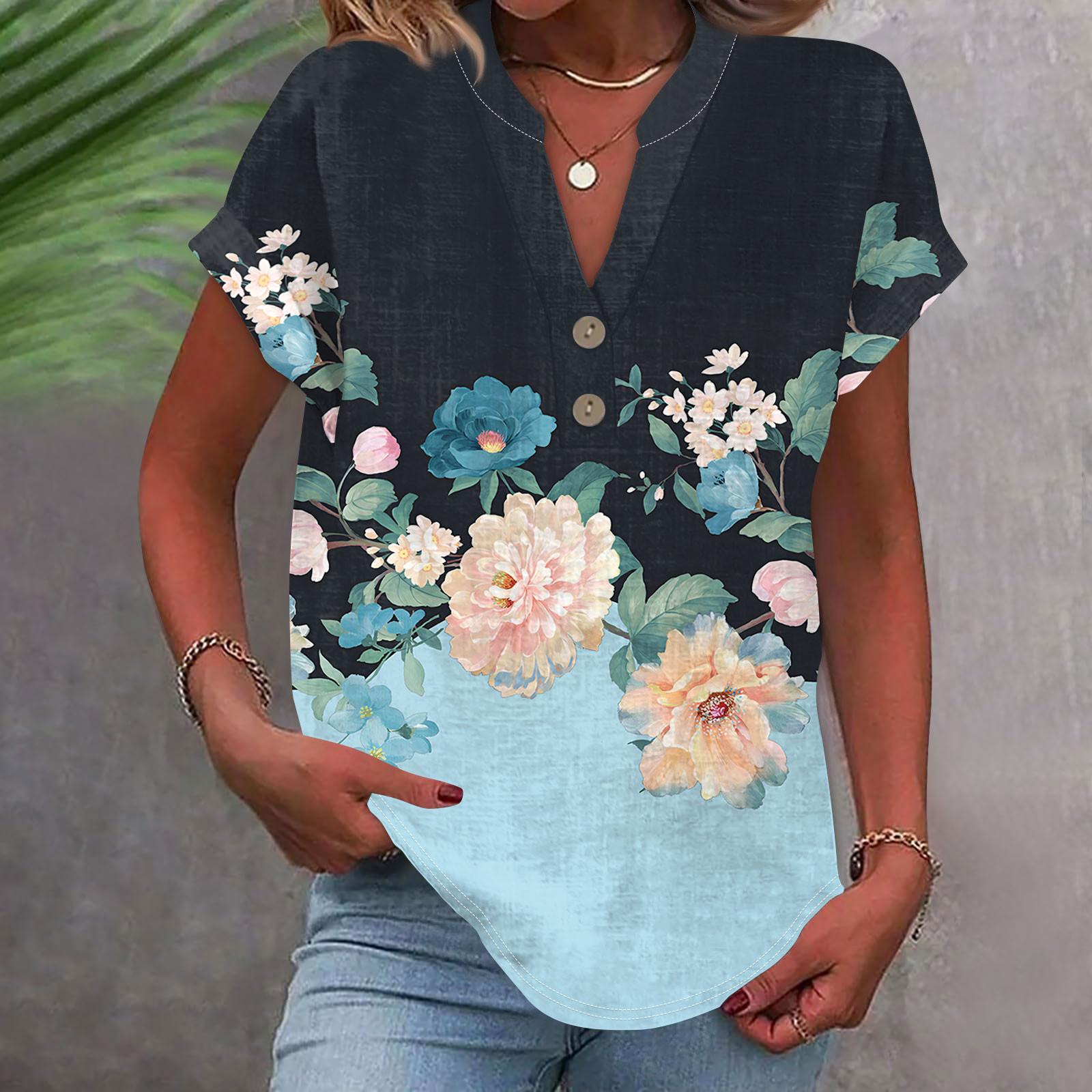 

Женская модная повседневная рубашка с v-образным вырезом и коротким рукавом с принтом, футболка на пуговицах, топ L синий
