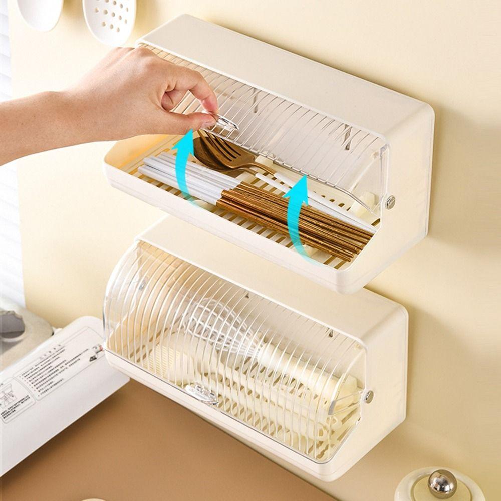 Plastic Wall Mounted Chopstick Storage Box Drainable Dustproof Chopstick Spoon Holder with Lid Large Capacity