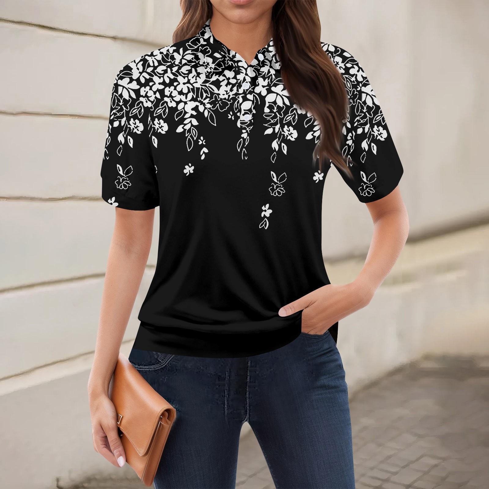 

Женская повседневная футболка с v-образным вырезом и коротким рукавом с цветочным принтом и декоративными пуговицами, топ XXXL чёрный