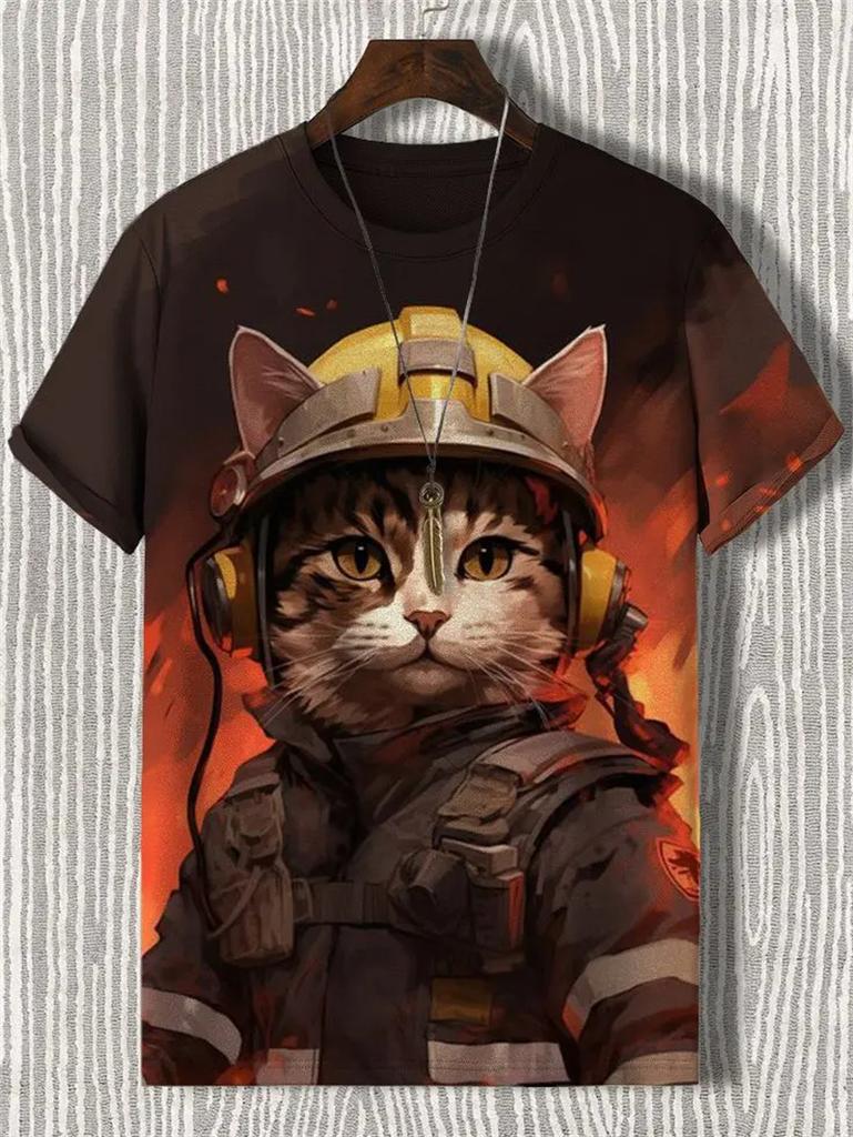 Japanese Cat Pattern T-Shirt For Men Warrior Animal 3D Print Tee Shirts Summer Casual O-Neck Short Sleeve Tees Street Loose Tops