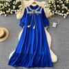 Elegant Retro Lace Up Summer Dress for Women A Line Ruffle Lantern Sleeve Loose Vacation Sweet O Neck Dresses