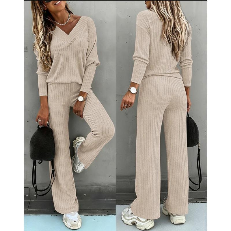 Women Casual Loose Long Sleeve V Neck Knit Two Piece Top Wide Leg Pants Set Autumn Winter