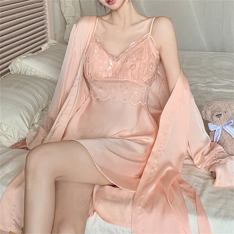 Spring Summer 4PCS Pajamas Set Female Pyjama Sleepwear Sexy Lace Kimono Bathrobe Nightgown Loose Silk Satin Homewear Loungewear