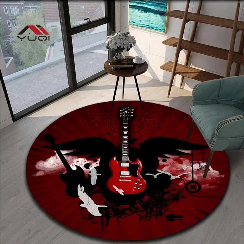 Guitar Music Round Area Rug – Soft Non-Slip Floor Mat for Living Room or Bedroom – Musical Pattern Carpet, 5 Sizes Available