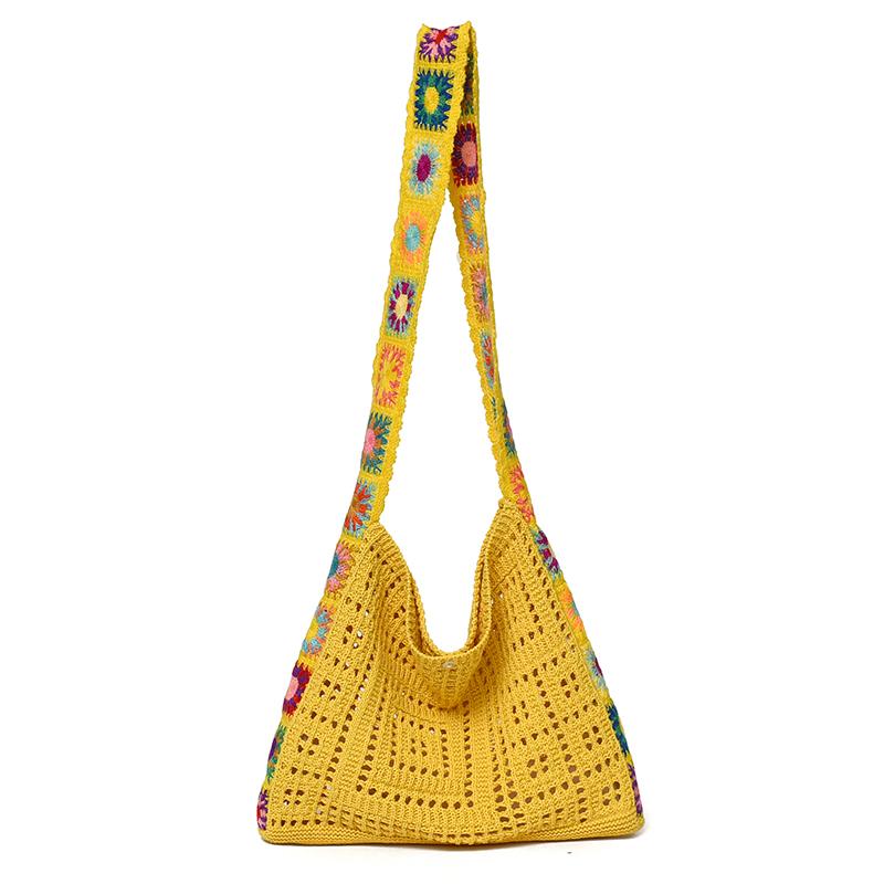 Vintage Hollow Crochet Shoulder Bag – Women's Knit Hobo Bag with Floral Embroidered Strap – Large Casual Tote for Beach Commute