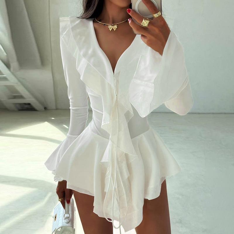 Women's Autumn New Solid Color Fashion Collar Horn Sleeve Waist Ruffle Edge Dress Women