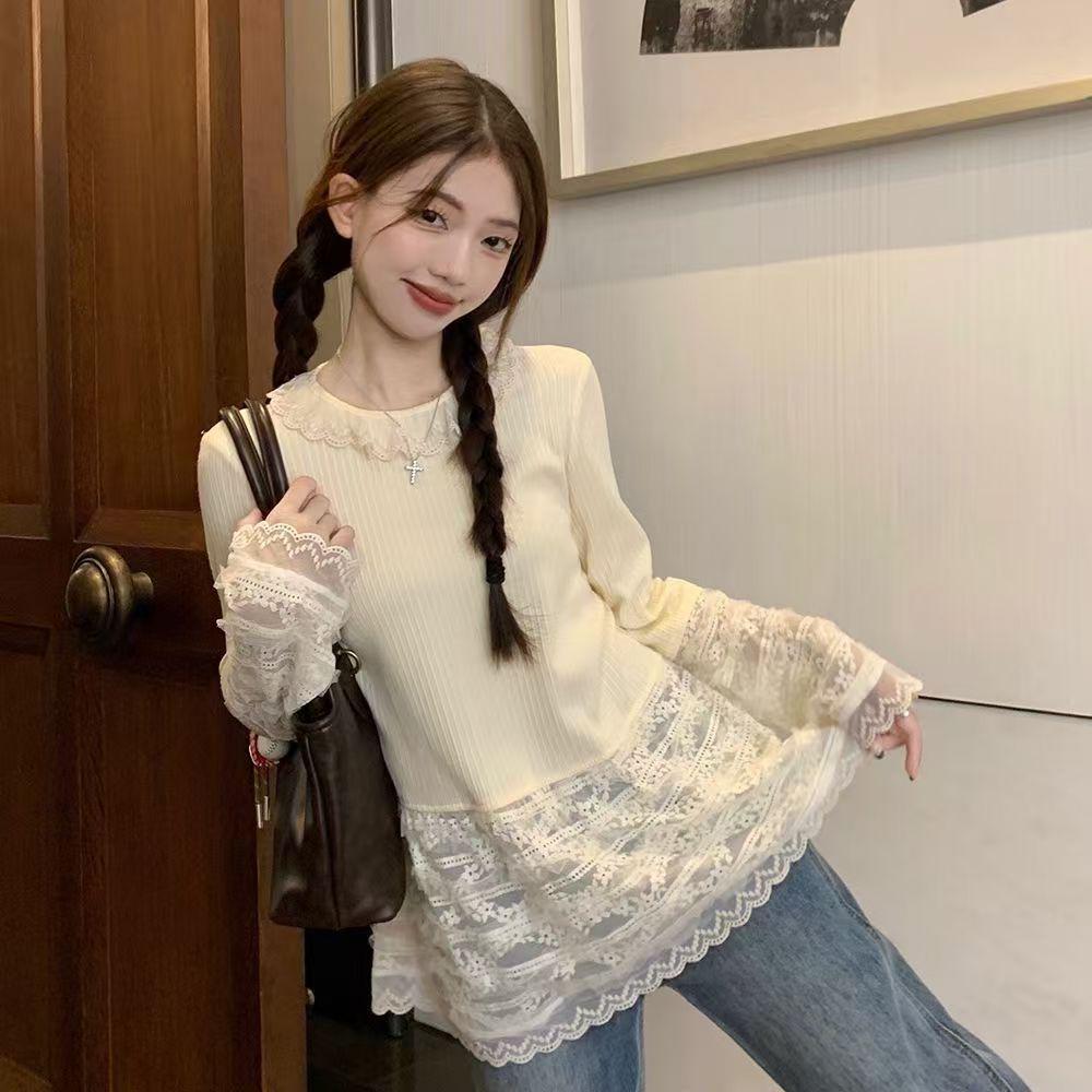 

Women s Long-Sleeve Lace T-Shirt: Spring/Autumn Hot Girl Style, Fashionable, Relaxed, and Niche Design 3XL (Suitable for 145-160 jin)