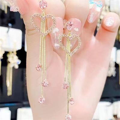 Elegant Sweet Pink Rhinestone Heart Stud Earring for Women  Hollow Geometry Long Tassel Earring Girls Party Jewelry Gift