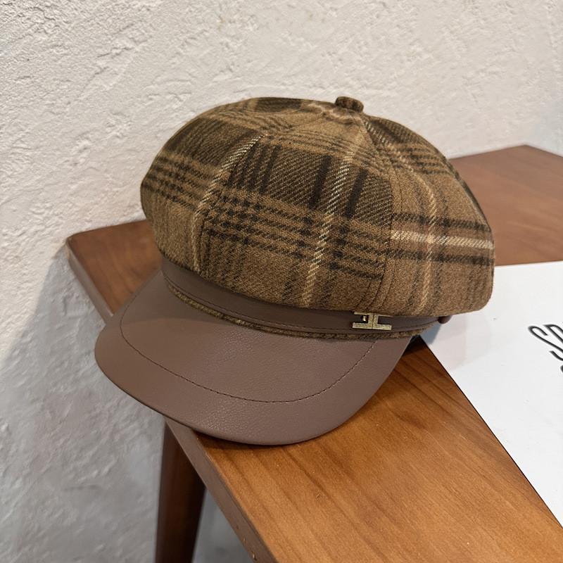 Winter Trendy Fall Plush Octagonal Beret With Grid Design For Womens Fashion