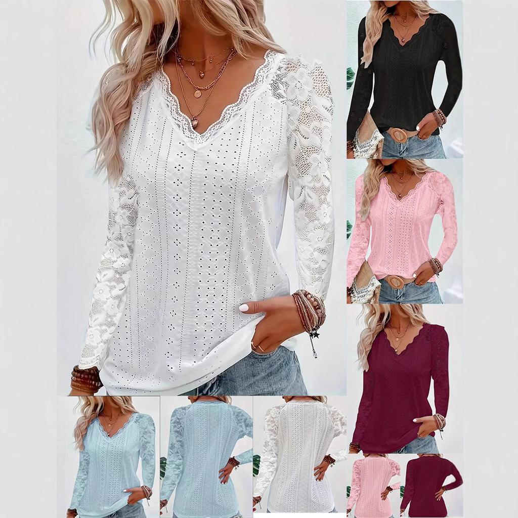 Vår og høst Langermet Blonde Patchwork Hul Topp Moderne Dame T-skjorter