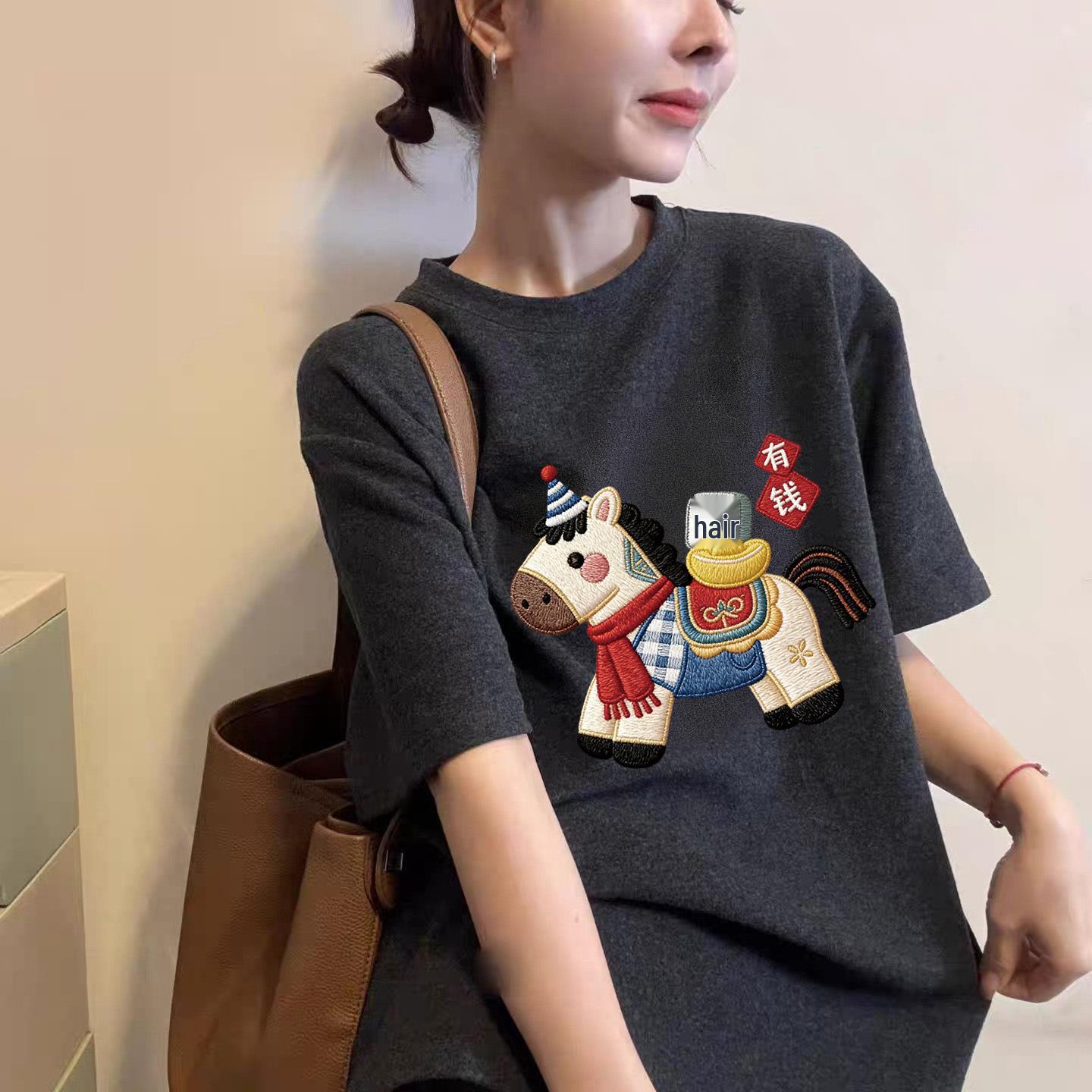 

2026 Korean Retro Small Horse Print Short Sleeve Women s T-shirt - Trendy Round Neck Base Layer Top Medium темно-сірий