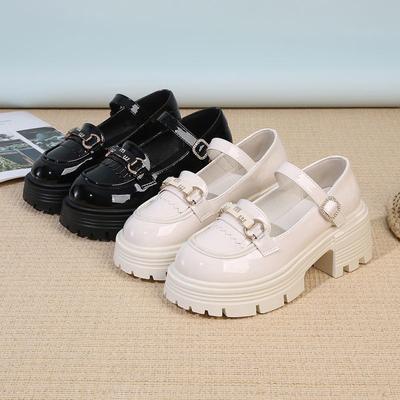 With Small Leather Shoes, Thick Heel Heel Heightened, One-word Black Commuter Buckle, Mary Jane Single Shoes, Women's Thick Sole