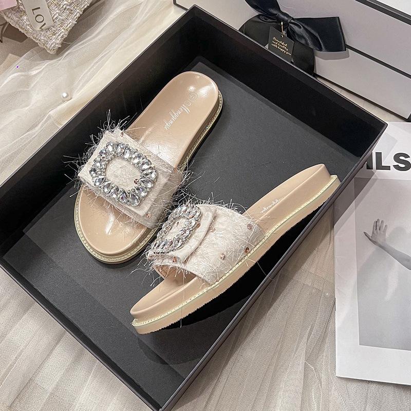 

Крутые тапочки женские новые нескользящие на толстой подошве шлепанцы на один ремешок модные универсальные на плоской подошве пляжная обувь со стразами 43 абрикосовый