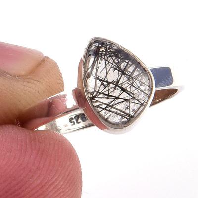 Natürlicher schwarzer Rutil-Edelstein, handgefertigt, 925er Sterlingsilber, Ring S.6 B3y45