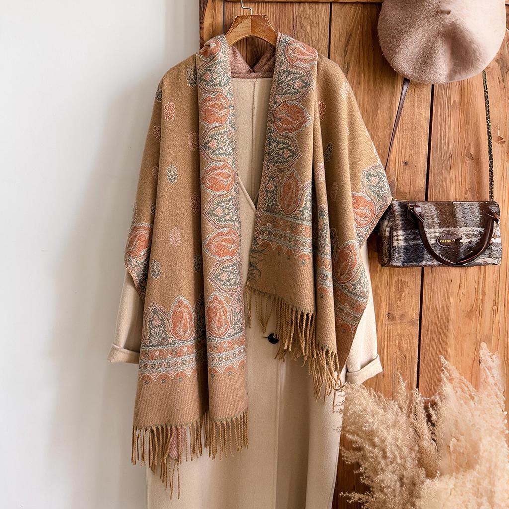 Fashion Women'S Winter Warm Cashmere Shawl - Vintage Floral Oil Painting Printed Tasseled Pashmina Thick Wrap