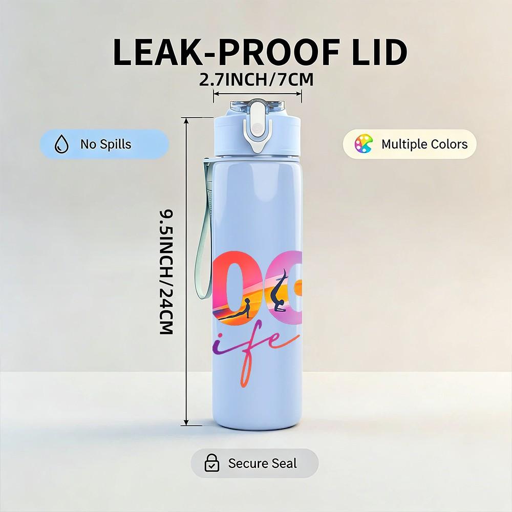 1PC Rainbow Yoga Life Letter Print 750ml Color Plastic Sports Water Bottle Leakproof Flip Straw Lid Suitable for Sports Office Home Use
