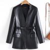 Womens V-Neck Mid-Length Leather Blazer Coat With Waist Tie Slim Fit Jacket Fashion
