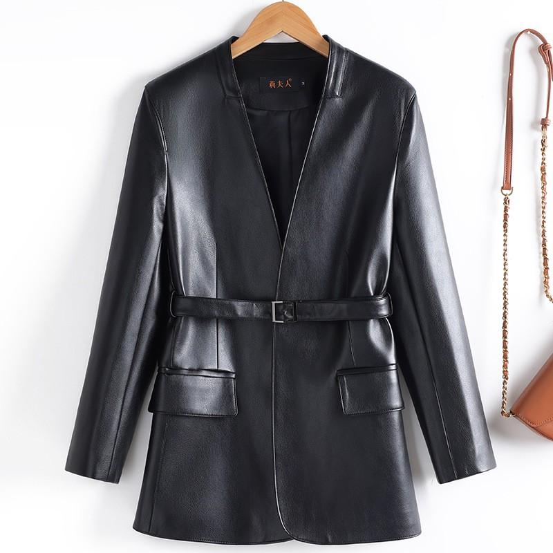 Womens V-Neck Mid-Length Leather Blazer Coat With Waist Tie Slim Fit Jacket Fashion
