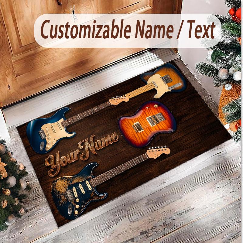 Music Guitar Theme Soft Crystal Velvet Rug Custom Name & Text Print Non Slip Floor Rug for Bedroom Living Room