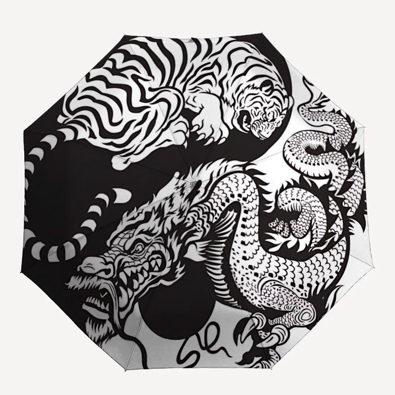 

1pc Tiger Dragon YinYang Automatic Open/close, Heavy-Duty Iron Frame & 8-Rib structure, Compact Folding Umbrella for Women/Men, All-Season Travel, Hal