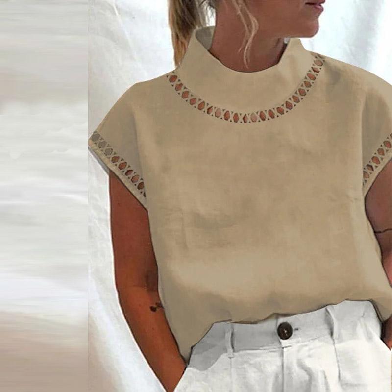 Women Blouse Solid Color Hollow Top Casual Stand Collar Cotton Linen Blouses Ladies Lace Patchwork Breathable Shirt