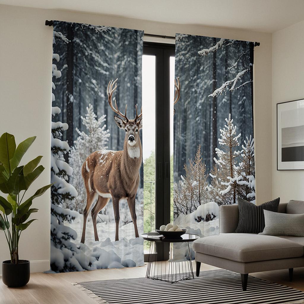 2 Pieces of HD Forest Snow Scenery Elk Decorative Curtain Green Digital Printed Curtain Home Decoration Style Decoration Living