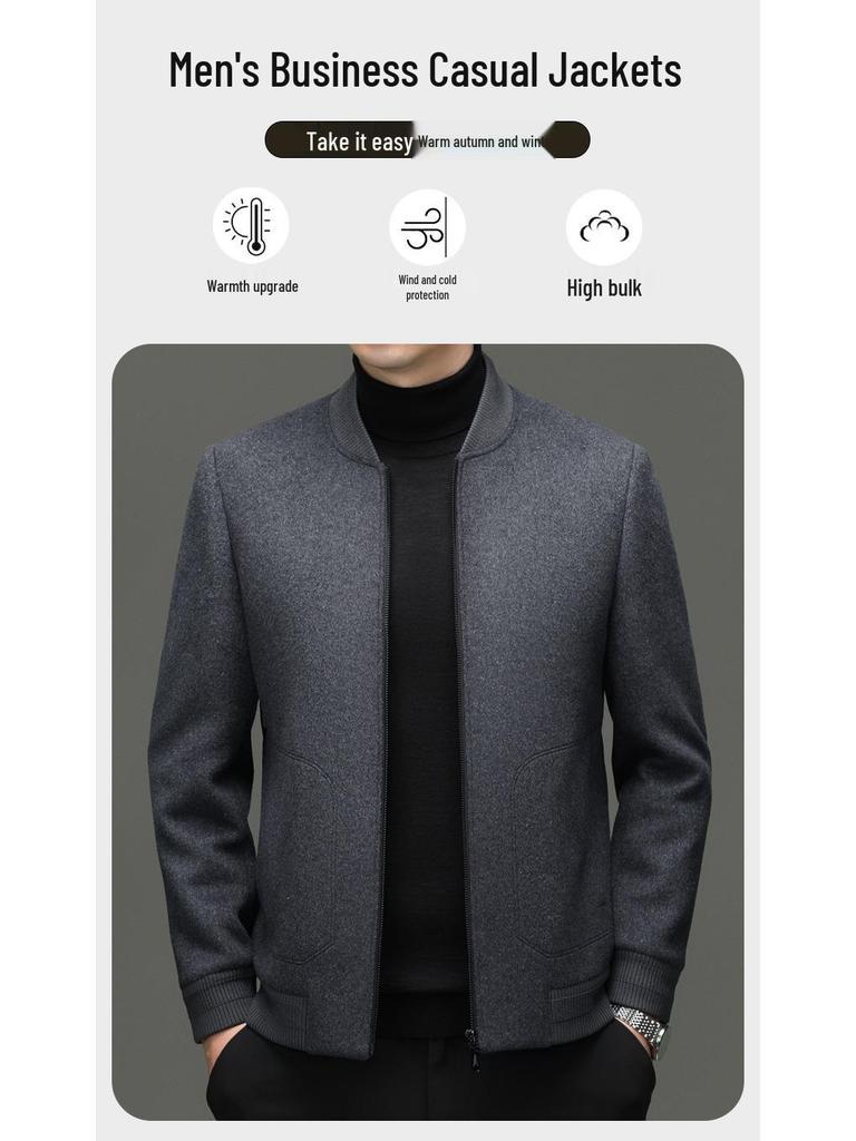 Men's Winter Wool Blend Stand Collar Short Jacket, Middle-Aged Casual Warm Thick Coat