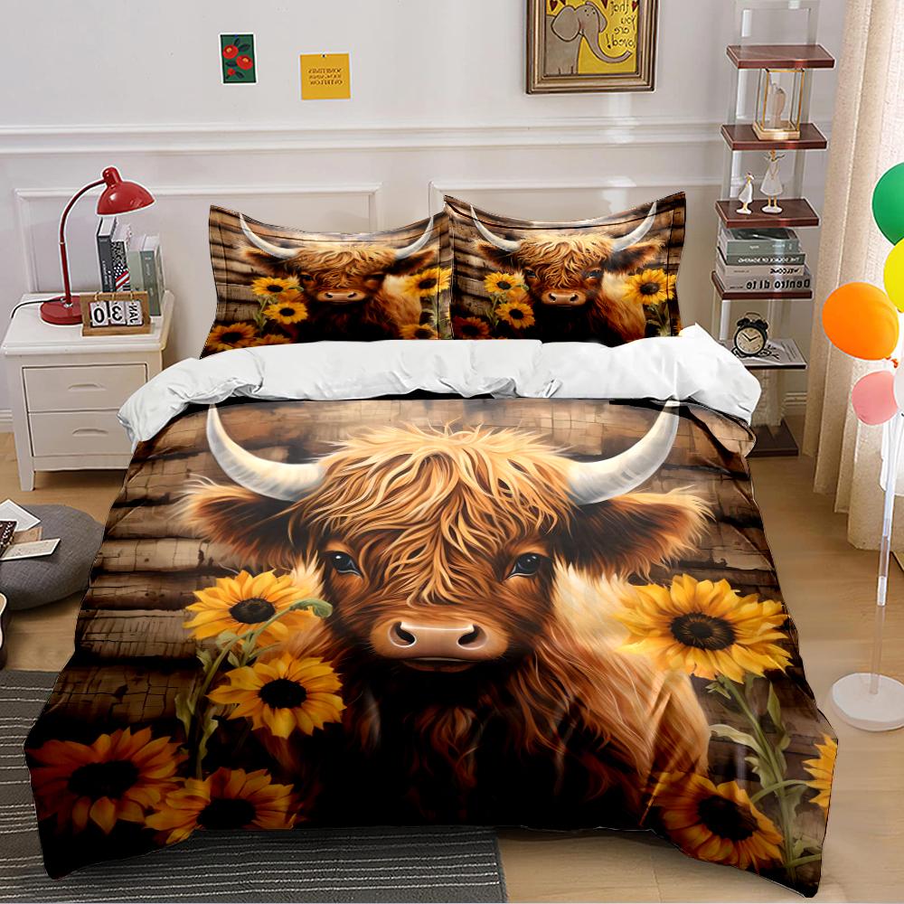 Highland Cow and Sunflowers Bedding Set Bedding set (1 duvet cover, 2 pillowcases, duvet not included) 135x200cm