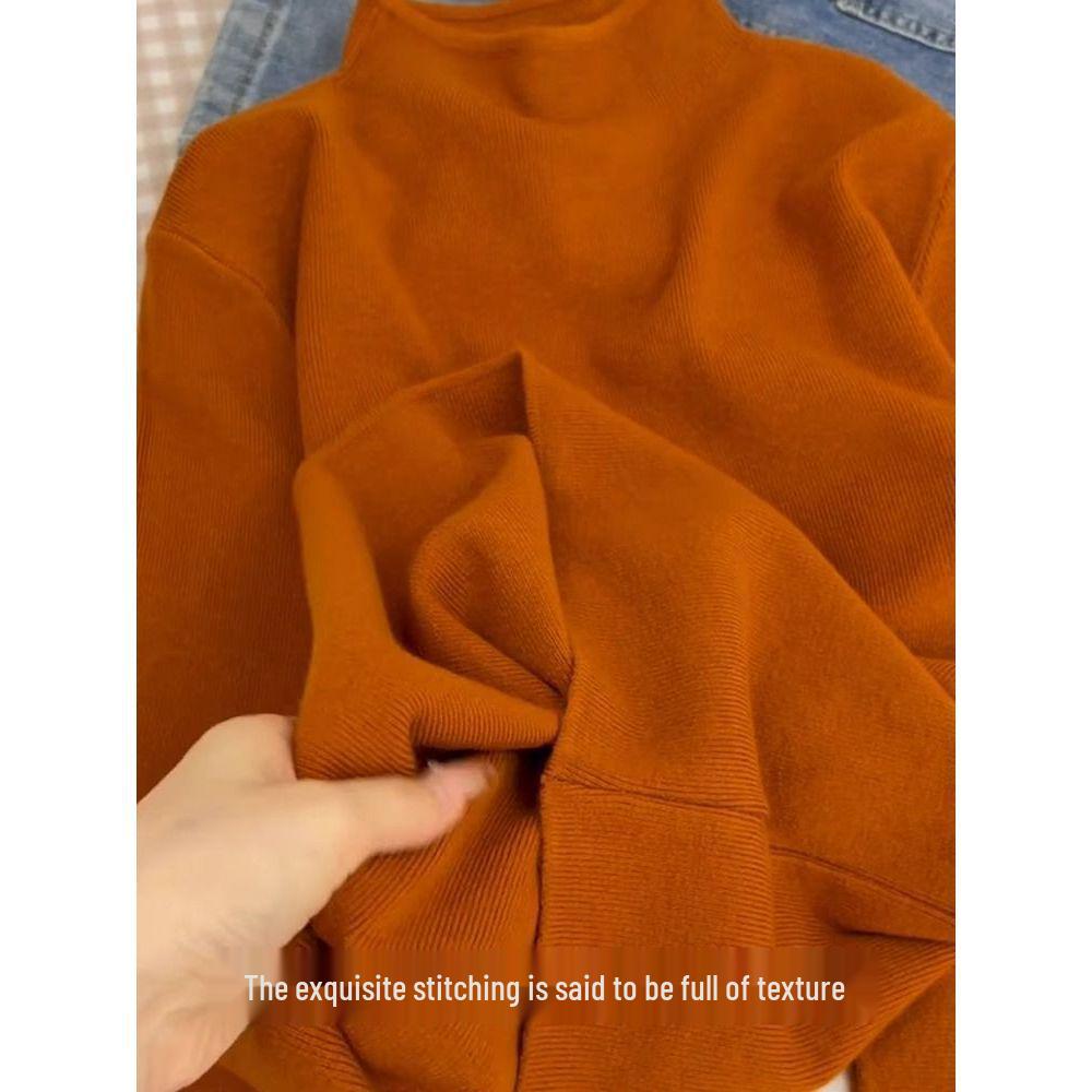 Orange Semi-High Neck Slim Fit Long Sleeve Knitted Sweater for Autumn/Winter
