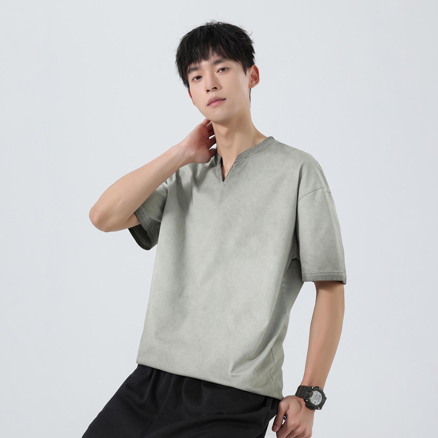 Men s Retro Japanese V-Neck Washed Cotton Blend Tee M светло-зеленый