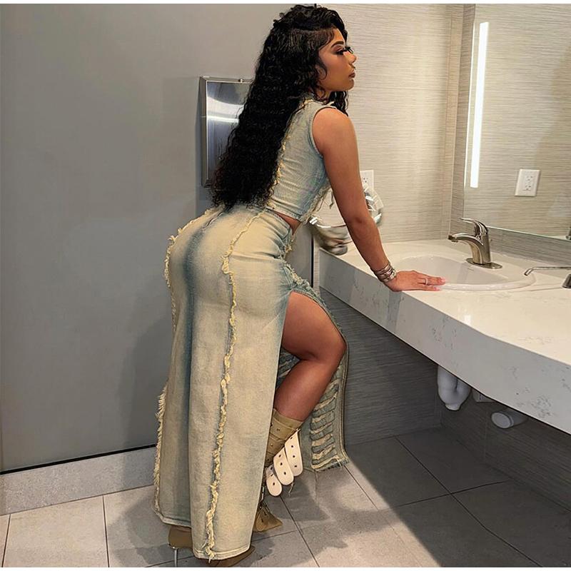 Fashion Streetwear Women Denim Hole Hollow Out Sleeveless Crop Top and Side Slit Skirts Two Piece Sets Sexy Cowboy Outfits