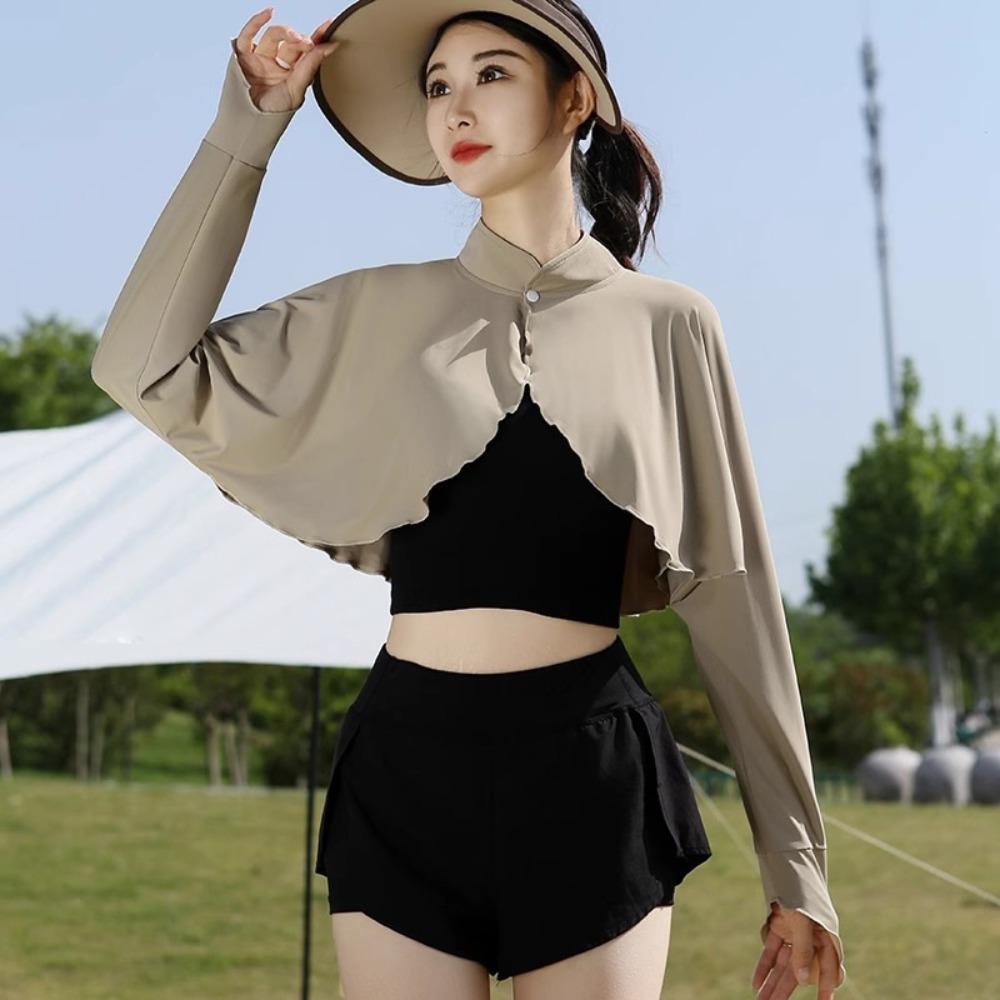 

Solid Color Sun Protection Clothing Long Sleeve Ice Silk Cape Long Sleeve Crop Top Sun Protection колір світло кави