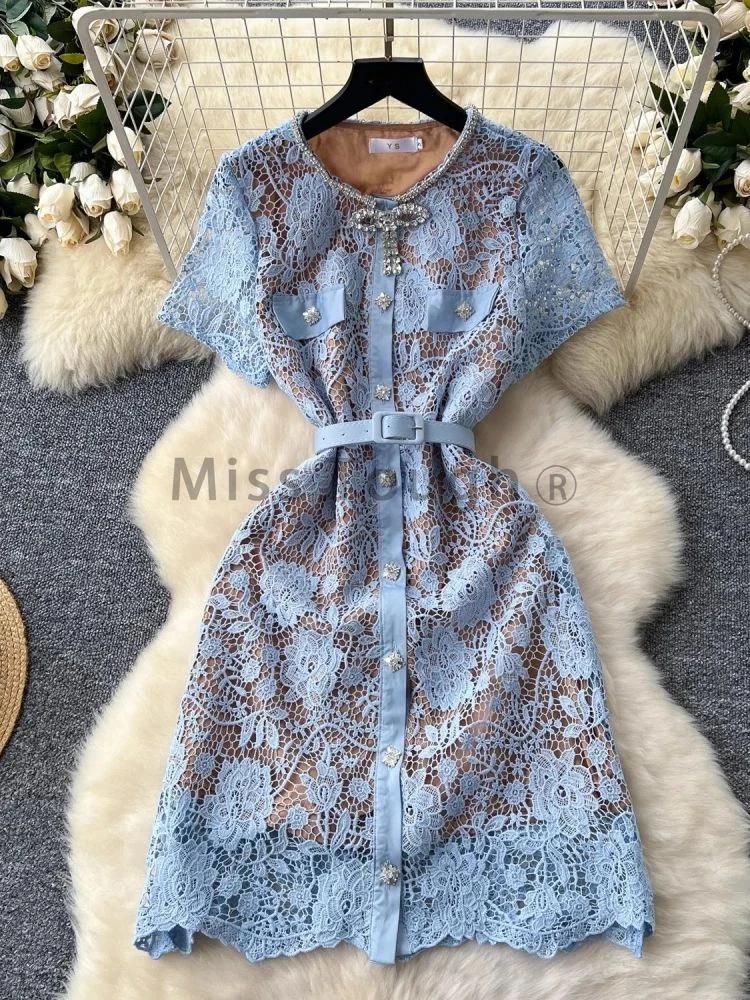 

Летнее французское роскошное элегантное кружевное платье с бантом, новый дизайн, модное выпускное платье, женская вышивка, ажурный пояс, модная одежда 2024 XXL