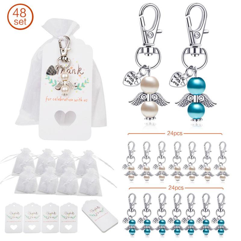 Organza Bags Key Chain Tag Set Angel Wings Shape Hanging Pendant for Wedding Decor