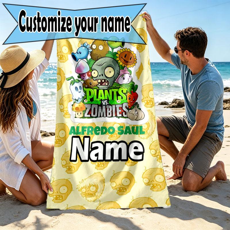 Custom Name Personalized Plants vs. Zombies Print Beach Towel, for Trip Camping Beach Party Home Decor, Birthday Gift for Family & Friends