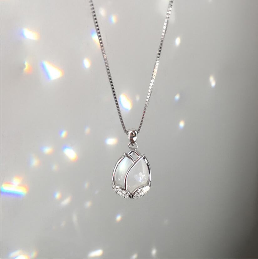 Elegant 925 Sterling Silver Opal Flower Charm Necklace Box Chain Pendant Party Jewelry Necklace For Women Wedding Dz297