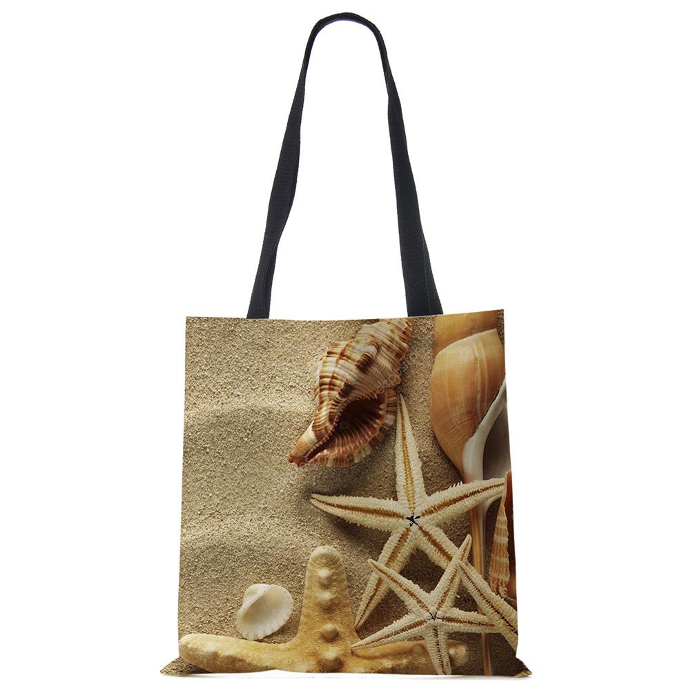 Ladies Shoulder Bag Blue Ocean Starfish Beach Sand Prints Tote Bag Linen Fabric Beautiful Casual Practical Handbag Casually