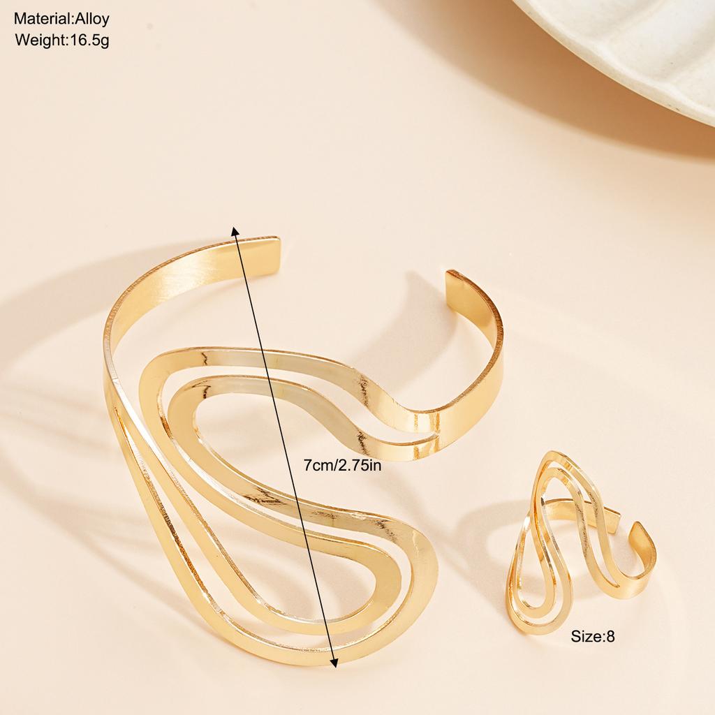 Minimalist 2PCS Gold-plated Snake Shaped Bracelet Bangles for Women Fashion Metal Girls Geometric Ring Jewelry Sets