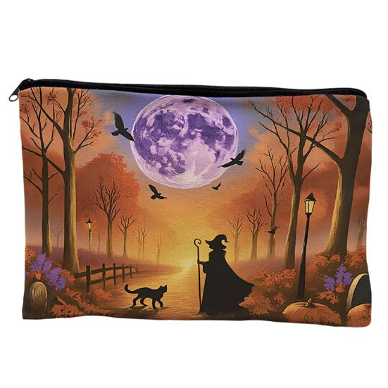 Reusable Storage Bag Bag,with Smooth Zipper, Thickened Polyester Large Capacity Cosmetic Halloween Witch Pumpkin Pattern Printed Pouch High-definition