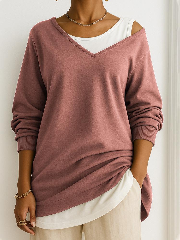 Casual V-Neck Long Sleeve Loose Pullover Mesh Fabric Multi-Coloured Womens Tops Sweatshirt Comfortable Fit Trendy Versatile for Spring Autumn