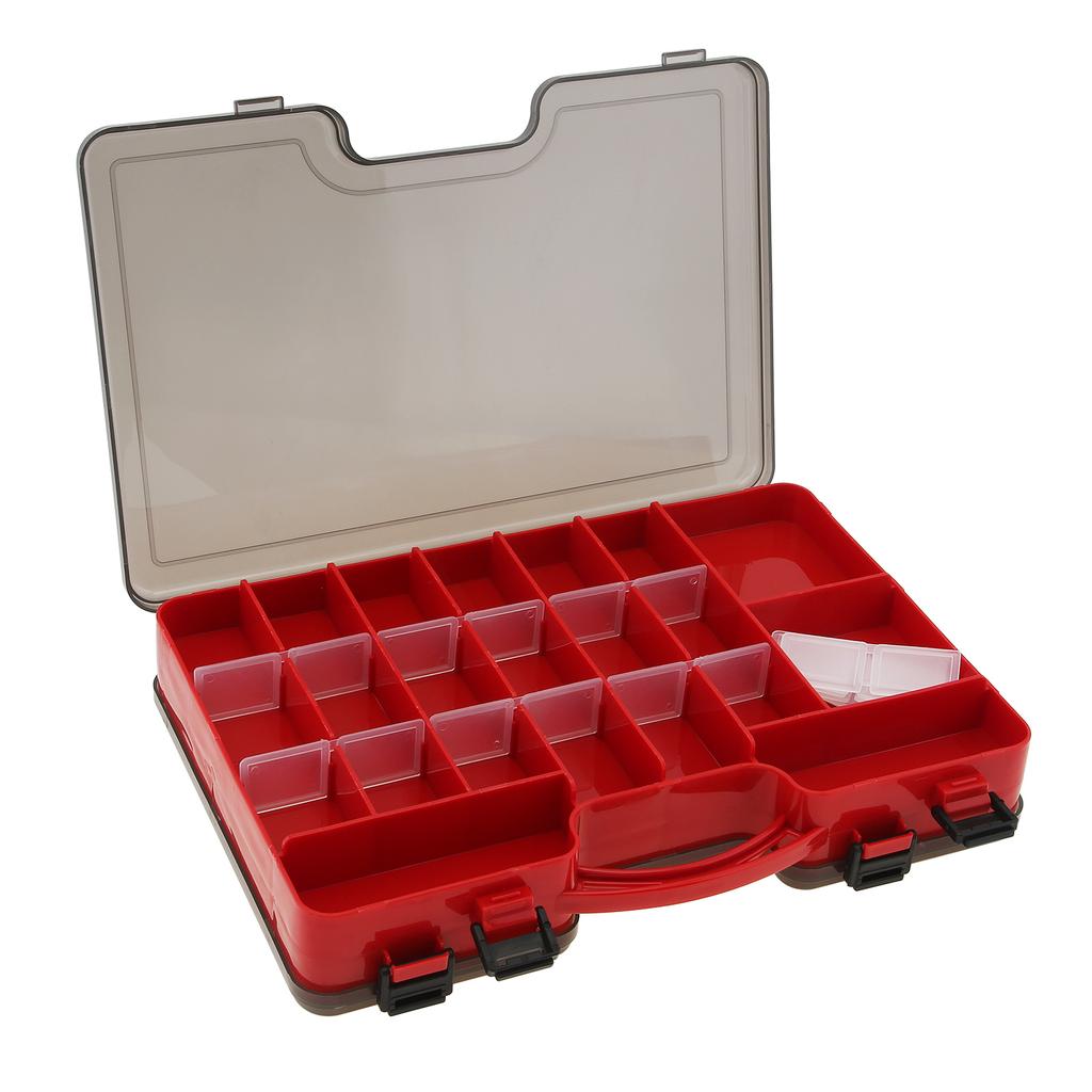 Tragbare doppelseitige Aufbewahrungsbox für Angelgeräte aus rotem Kunststoff mit 44 Fächern