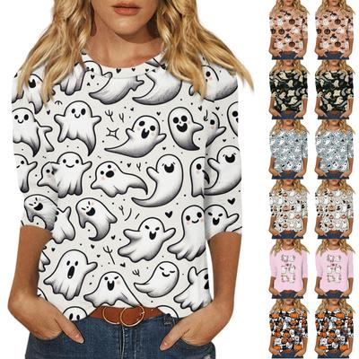 Women's Fashion Casual Round Neck 3/4 Sleeve Loose Halloween Printed T-Shirt Ladies Top