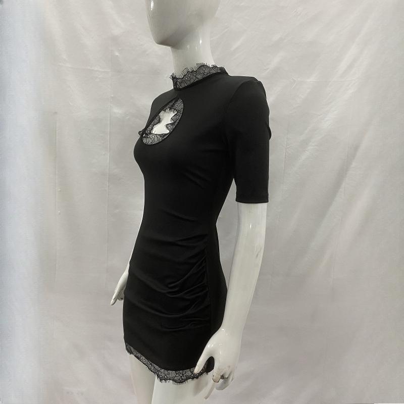 Retro fashion sexy lace hollow splicing slim fit dress