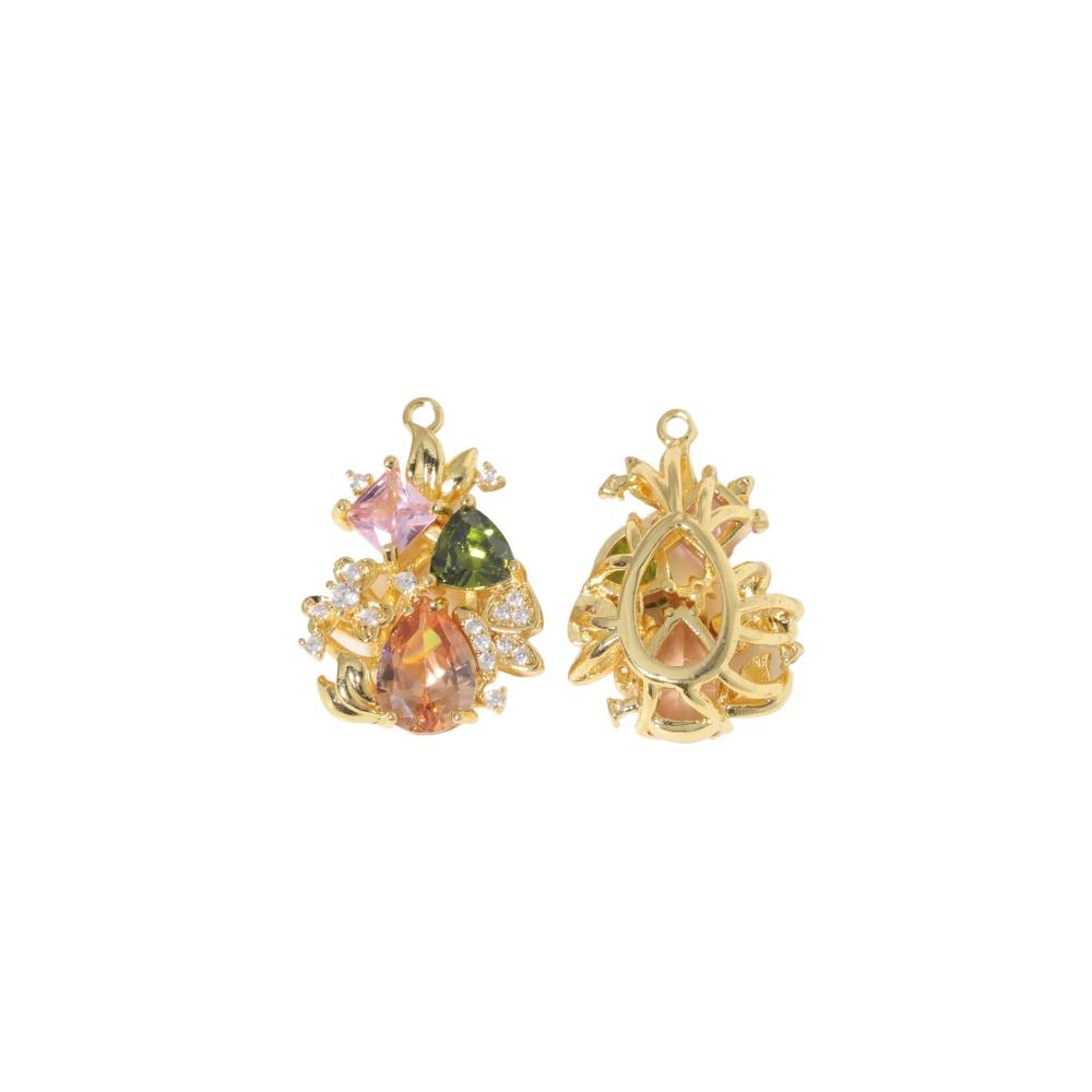 Multicolor Zirconia Floral Leaf Copper Charms, Golden Plated DIY Pendants for Earring Necklace Craft Making