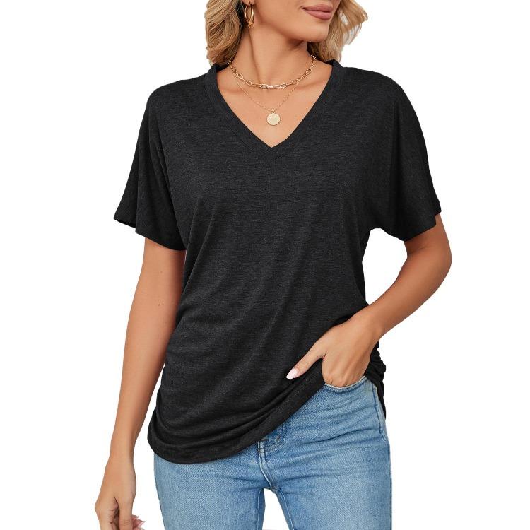 Summer New Casual V-neck Pullover Solid Color Loose T-shirt Women's Top European American
