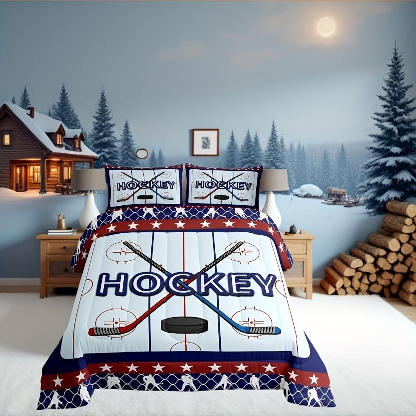 2/3Pcs Ice Hockey Player Comforter Set Hockey Pucks Field Quilted Bedding With Pillowcases Twin Full Queen Size For Christmas