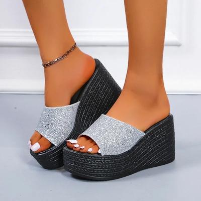 Women's Fashion Slippers Wedge Heel Bling Round Toe Shoes Women Leisure Outdoor Waterproof Platform Roman Zapatillas De Mujer