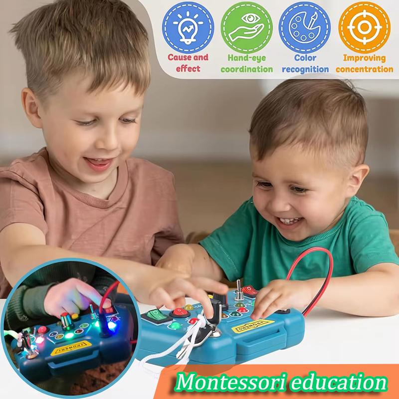 Children Busy Board Sensory Toy With LED Light Switch Control Board Travel Activities Thinking Game For 2-4 Years Old